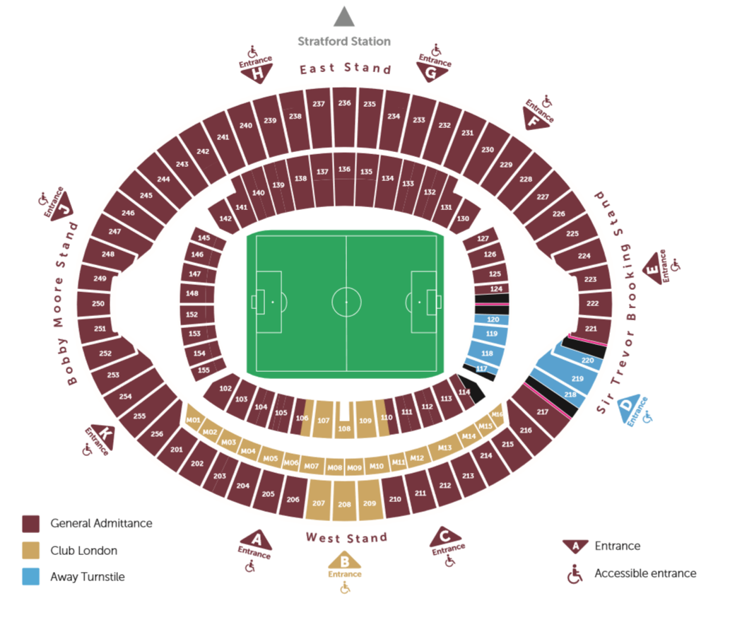 West Ham's goal from London Stadium - Bobby Moore Stand block 152 